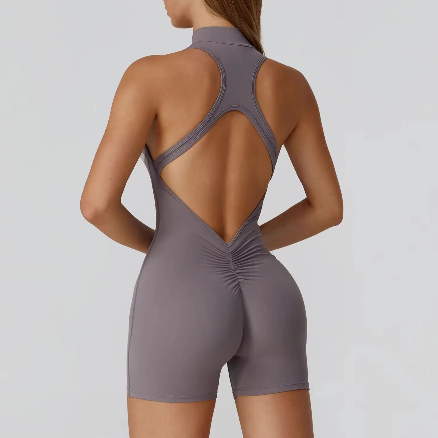 Yoga Overall Fitness - Padded Hollow Back Zipper Yoga Jumpsuit