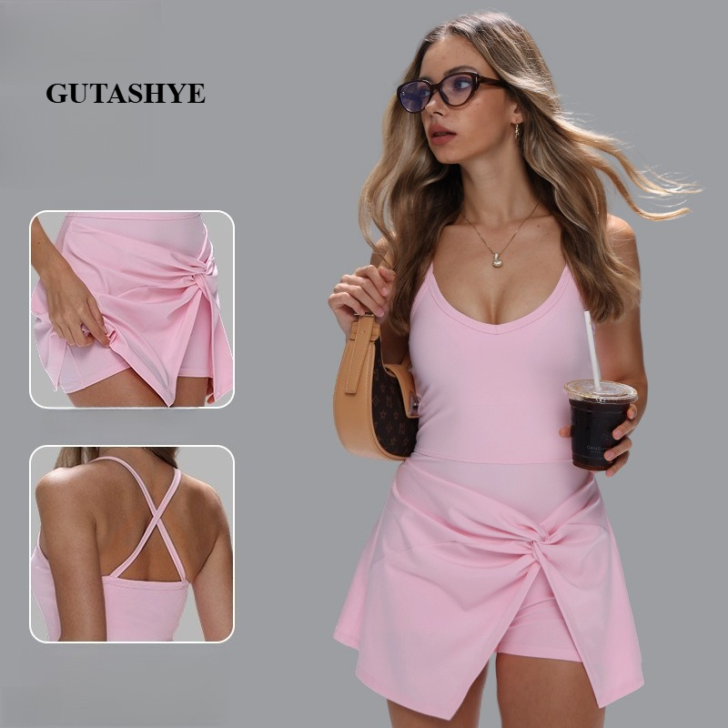 Women Spaghetti Strap Fake Two - Yoga Fitness Dress 리뷰 및 가격